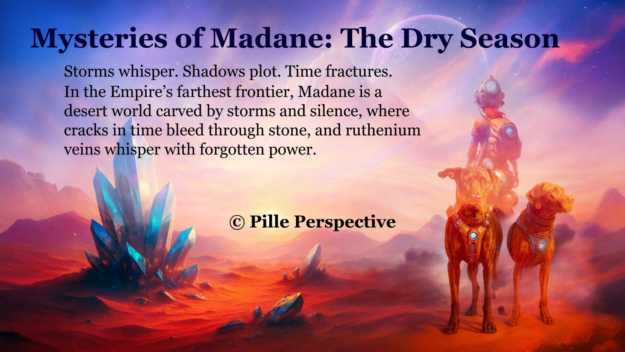 Cover art for Mysteries of Madane – fantasy sci-fi novel set on the desert planet Madane.